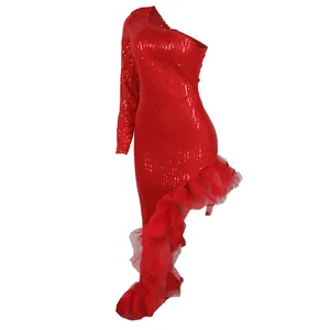 Elegant red one-shoulder sequin dress featuring an irregular mesh ruffle hem detail.