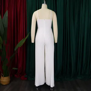 Elegant white pleated jumpsuit for women featuring thin straps and back zipper detail