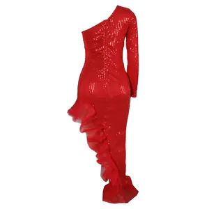 Detailed back view of a red sequin one-shoulder dress with asymmetric mesh ruffles