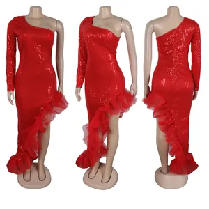 Detailed front side and back view of red sequined one-shoulder mesh ruffle dress