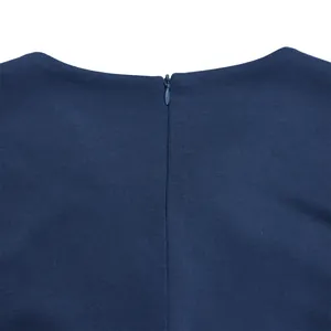 Close-up view of back invisible zipper and neckline of a navy blue dress