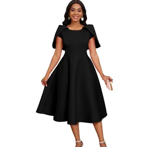 Elegant black cape midi dress with flared skirt, perfect for formal banquets and parties