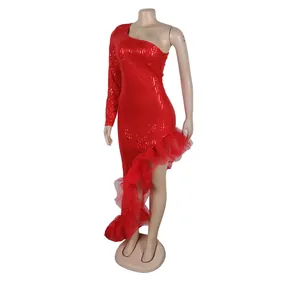 Elegant vibrant red one-shoulder sequin evening dress with asymmetric ruffled mesh hem