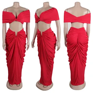 Detailed views of red two-piece pleated crop top and maxi skirt set for women clubwear