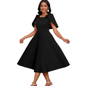 Full view of elegant black A-line cocktail dress featuring unique cape style sleeve design