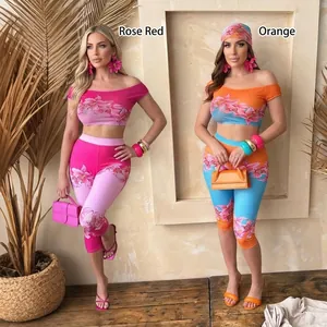 Women Floral Print Two Piece Set Off Shoulder Crop Top And High Waist Capri Pants Top And Bottom Fashion Casual Suit