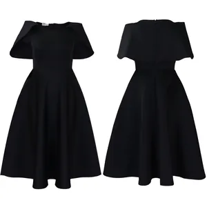 Elegant black flared dress with cape design, front and back view for party and banquet.