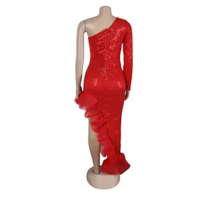 Detailed back view of a sexy red sequin one-shoulder dress with irregular mesh ruffled hemline