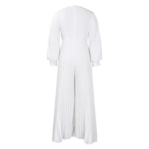Full back view detail of white pleated wide leg jumpsuit with beaded cuffs and zipper closure