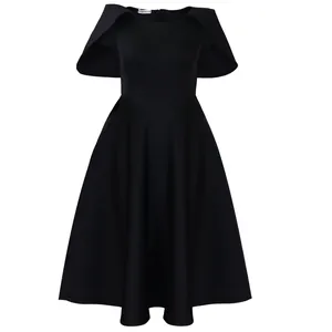 Elegant black A-line party dress with a unique cape sleeve design for formal banquet events