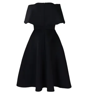 Elegant black off-shoulder party dress featuring a cloak top and flared big swing skirt.