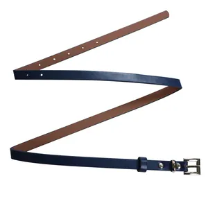 Elegant slim navy blue faux leather waist belt featuring a polished silver square buckle