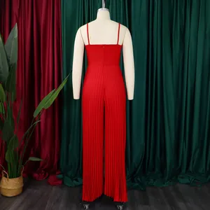 Detailed back view of an elegant red sleeveless pleated wide-leg jumpsuit for women