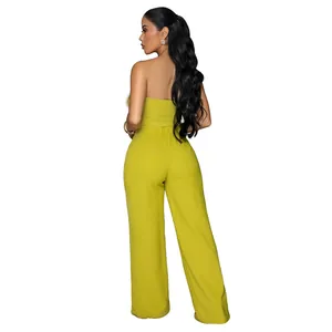 Vue arrière détaillée d'un ensemble haut bustier vert citron et pantalon large.
