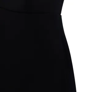 Close-up detail of the waist and fabric texture of the black elegant evening gown.