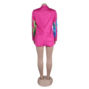 Rear view of vibrant fuchsia blazer and shorts two-piece set with floral print sleeves