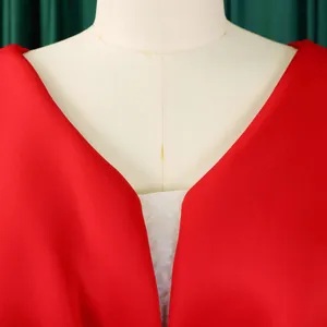 Close-up detail of the deep V-neckline on a sophisticated red evening party gown