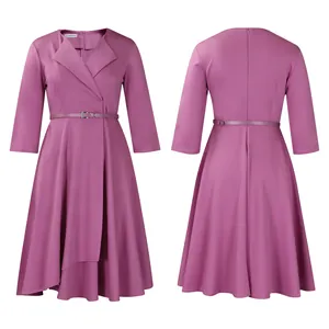Front and back views of a elegant purple V-neck high-waist dress with belt
