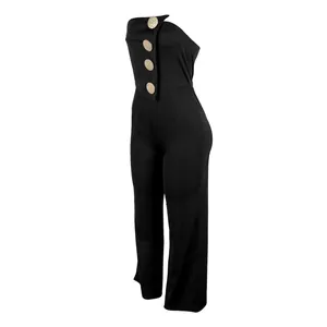 Eleganter trägerloser Jumpsuit mit weitem Bein und goldenen Knöpfen in elegantem Schwarz