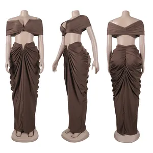 Detailed multi-angle view of sexy two-piece brown dress set with ruched floor-length skirt