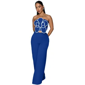 Ensemble sexy bleu chic 2 pièces avec haut court sans bretelles et pantalon large