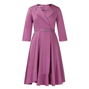 Front view of an elegant purple V-neck high-waist dress with matching belt detail