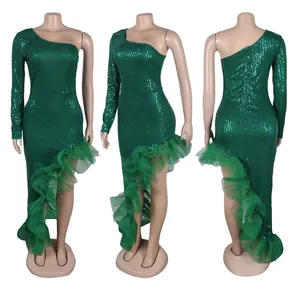Elegant emerald green sequin one-shoulder dress with asymmetric mesh ruffle detail