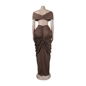 Detailed back view of a brown sexy two-piece sleeveless ruched floor-length skirt set