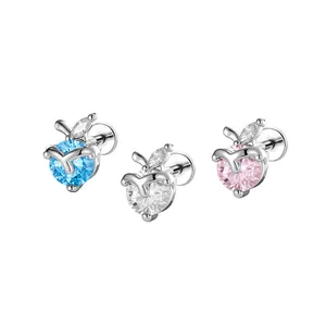 Three cute titanium apple cartilage stud earrings with colorful crystals and screw back