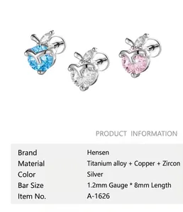 Sweet apple-shaped titanium alloy cartilage piercing stud with colorful crystal stones