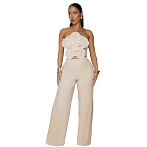 Haut bandeau beige avec décoration fleurie 3D et ensemble pantalon large à taille haute