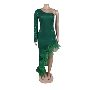 Elegant one-shoulder emerald green sequin dress with mesh ruffle irregular hem detail.