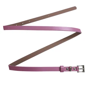 Fashionable slim pink faux leather belt featuring a polished silver square buckle detail