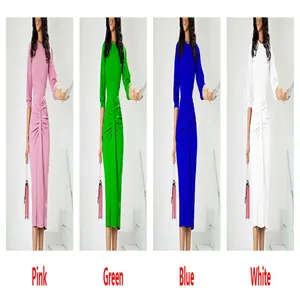 Gedetailleerd overzicht van geplooide bodycon kokerjurk in roze, groen, blauw en wit