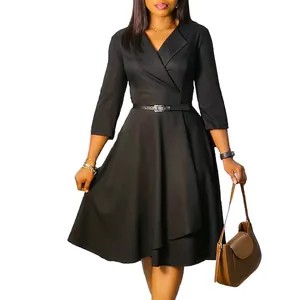 Elegant black V-neck high-waist dress with belt and flared skirt details