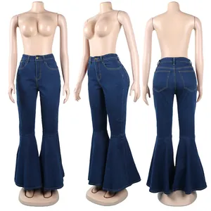 Jeans a zampa a vita alta elasticizzati, vista frontale, laterale e posteriore.
