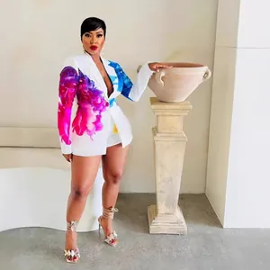 Sexy watercolor floral print blazer and shorts set for women, elegant summer suit.
