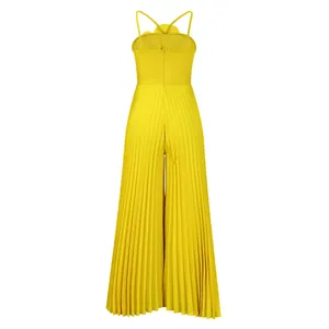 Detailed back view of yellow pleated wide-leg jumpsuit featuring 3D floral accents.