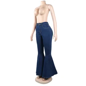 Vista dettagliata di jeans a zampa blu a vita alta con gamba a campana larga e ampia