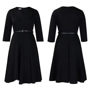 Detailed front and back views of a black V-neck high-waisted midi dress with belt.