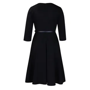 Back view of elegant black long-sleeve A-line dress with high waist belt detail.