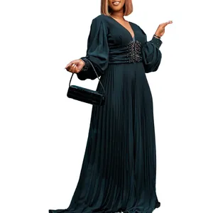 Elegant black beaded wide-leg jumpsuit with pleated detail and long lantern sleeves.