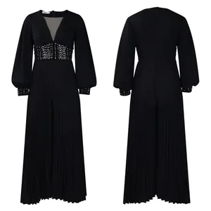 Front and back view of elegant black plus size beaded mesh wide leg jumpsuit