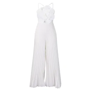 Elegant white pleated jumpsuit featuring a prominent 3D flower detail on the bodice