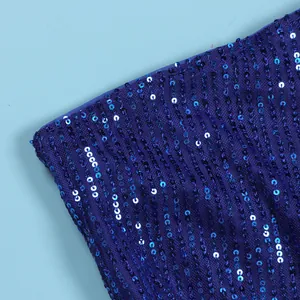 Close-up of dark blue sequined mesh fabric showing intricate shimmering detail and texture