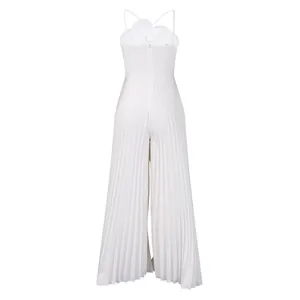 Detailed back view of an elegant white pleated wide-leg jumpsuit with slim straps.