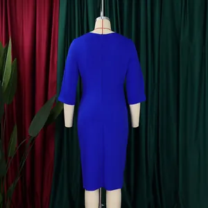 Gedetailleerd achteraanzicht van een elegante koningsblauwe bodycon kokerjurk, slank