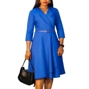 Elegant royal blue V-neck A-line dress with belt showing stylish African fashion design