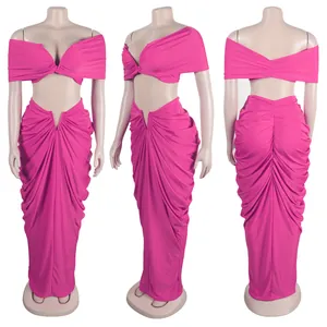 Three-view display of pink sexy two-piece set with sleeveless bandeau top and pleated skirt.