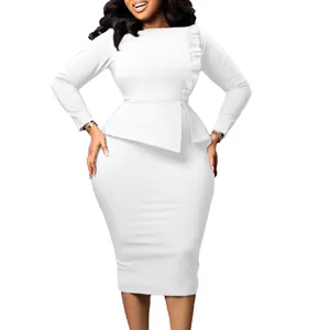 Robe crayon blanche élégante à manches longues avec basque et détails de volants